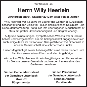 Traueranzeige von Willy Heerlein von Odenwälder Echo