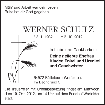 Traueranzeige von Werner Schulz von Rüsselsheimer Echo, Groß-Gerauer-Echo, Ried Echo