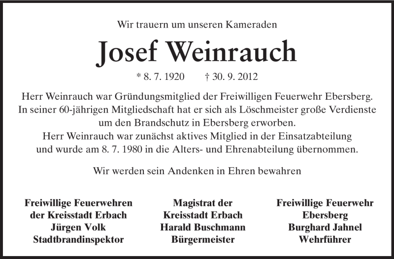  Traueranzeige für Josef Weinrauch vom 06.10.2012 aus Odenwälder Echo