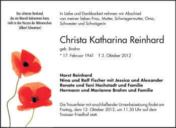 Traueranzeige von Christa Katharina Reinhard von Echo-Zeitungen (Gesamtausgabe)