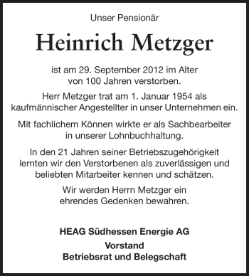 Traueranzeige von Heinrich Metzger von Echo-Zeitungen (Gesamtausgabe)