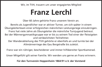 Traueranzeige von Franz Lerchl von Starkenburger Echo