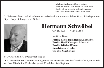 Traueranzeige von Hermann Schwöbel von Odenwälder Echo