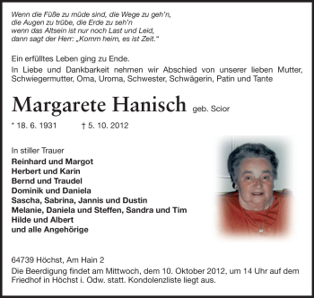 Traueranzeige von Margarete Hanisch von Odenwälder Echo