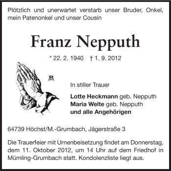 Traueranzeige von Franz Nepputh von Odenwälder Echo