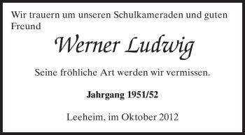 Traueranzeige von Werner Ludwig von Rüsselsheimer Echo, Groß-Gerauer-Echo, Ried Echo