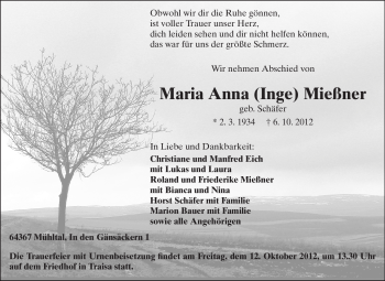 Traueranzeige von Maria Anna Mießner von Echo-Zeitungen (Gesamtausgabe)