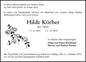 Traueranzeige von Hilde Körber von Odenwälder Echo
