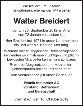 Traueranzeige von Walter Breidert von Darmstädter Echo, Odenwälder Echo, Rüsselsheimer Echo, Groß-Gerauer-Echo, Ried Echo