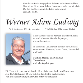 Traueranzeige von Werner Adam Ludwig von Rüsselsheimer Echo, Groß-Gerauer-Echo, Ried Echo