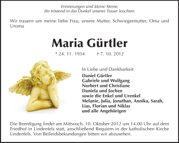 Traueranzeige von Anna Gürtler von Starkenburger Echo, Bergsträßer Anzeiger