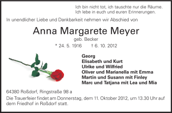 Traueranzeige von Anna Margarete Meyer von Echo-Zeitungen (Gesamtausgabe)