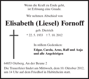 Traueranzeige von Elisabeth Fornoff von Echo-Zeitungen (Gesamtausgabe)