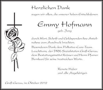 Traueranzeige von Emmy Hofmann von Rüsselsheimer Echo, Groß-Gerauer-Echo, Ried Echo