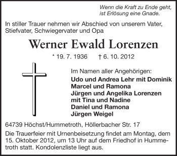 Traueranzeige von Werner Ewald Lorenzen von Odenwälder Echo