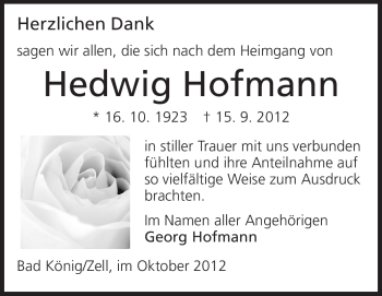 Traueranzeige von Hedwig Hofmann von Odenwälder Echo