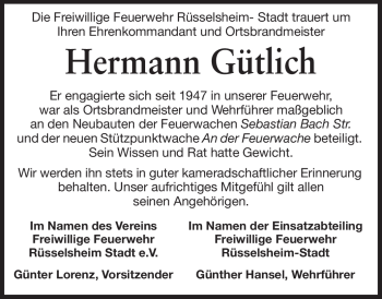 Traueranzeige von Hermann Gütlich von Rüsselsheimer Echo, Groß-Gerauer-Echo, Ried Echo