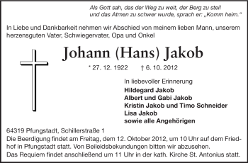 Traueranzeige von Johann Jakob von Echo-Zeitungen (Gesamtausgabe)