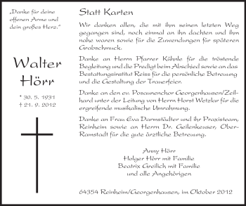 Traueranzeige von Walter Hörr von Echo-Zeitungen (Gesamtausgabe)