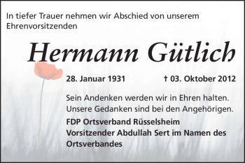 Traueranzeige von Hermann Gütlich von Rüsselsheimer Echo, Groß-Gerauer-Echo, Ried Echo