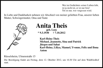 Traueranzeige von Anita Theis von Rüsselsheimer Echo, Groß-Gerauer-Echo, Ried Echo