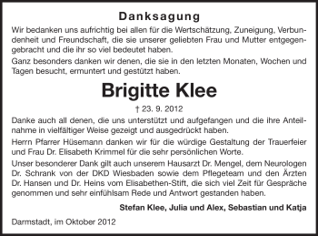 Traueranzeige von Brigitte Klee von Echo-Zeitungen (Gesamtausgabe)