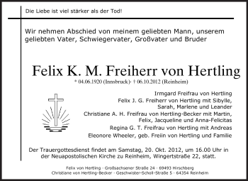 Traueranzeige von Felix Hertling von Echo-Zeitungen (Gesamtausgabe)