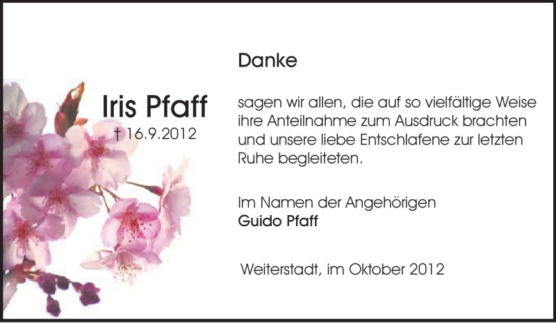  Traueranzeige für Iris Pfaff vom 10.10.2012 aus Echo-Zeitungen (Gesamtausgabe)