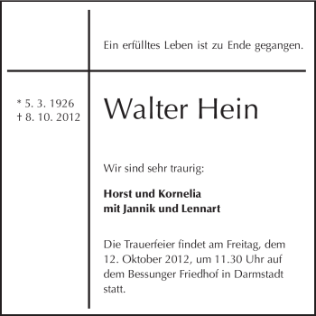 Traueranzeige von Walter Hein von Echo-Zeitungen (Gesamtausgabe)