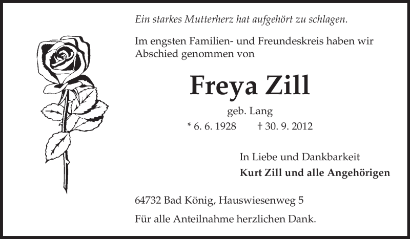 Traueranzeige für Freya Zill vom 13.10.2012 aus Odenwälder Echo