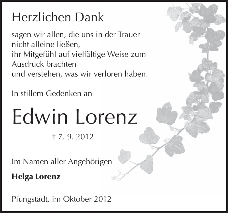  Traueranzeige für Edwin Lorenz vom 13.10.2012 aus Echo-Zeitungen (Gesamtausgabe)