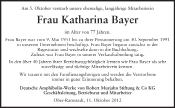 Traueranzeige von Katharina Bayer von Echo-Zeitungen (Gesamtausgabe)