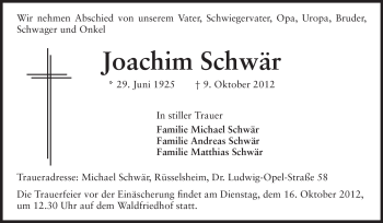 Traueranzeige von Joachim Schwär von Rüsselsheimer Echo, Groß-Gerauer-Echo, Ried Echo