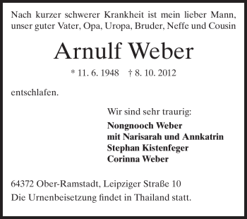 Traueranzeige von Arnulf Weber von Echo-Zeitungen (Gesamtausgabe)