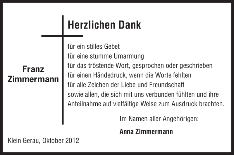  Traueranzeige für Franz Zimmermann vom 13.10.2012 aus Rüsselsheimer Echo, Groß-Gerauer-Echo, Ried Echo