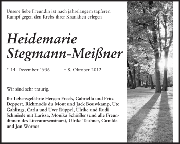 Traueranzeige von Heidemarie Stegmann-Meißner von Echo-Zeitungen (Gesamtausgabe)