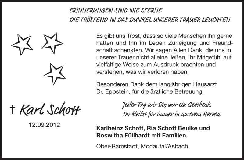  Traueranzeige für Karl Schott vom 13.10.2012 aus Echo-Zeitungen (Gesamtausgabe)