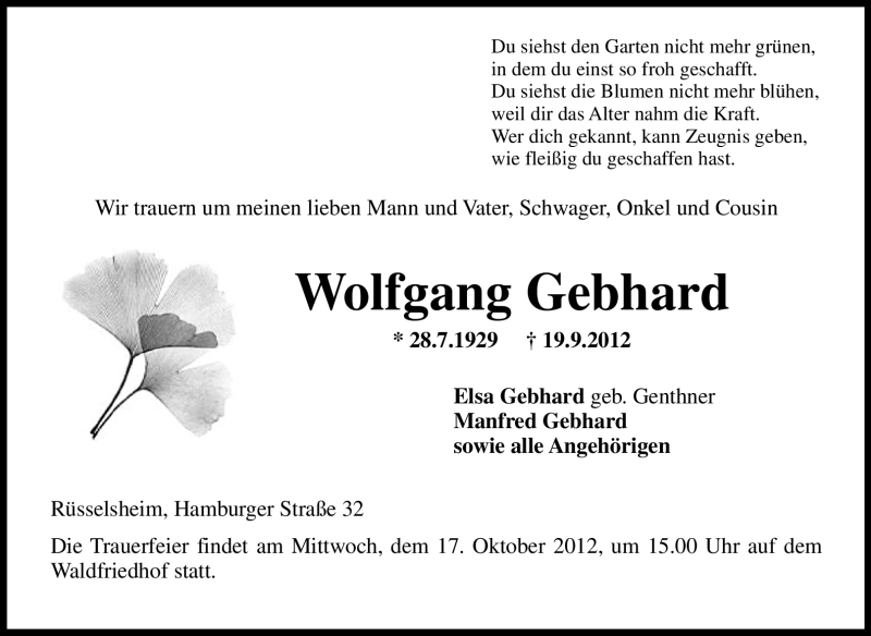  Traueranzeige für Wolfgang Gebhard vom 13.10.2012 aus Rüsselsheimer Echo, Groß-Gerauer-Echo, Ried Echo