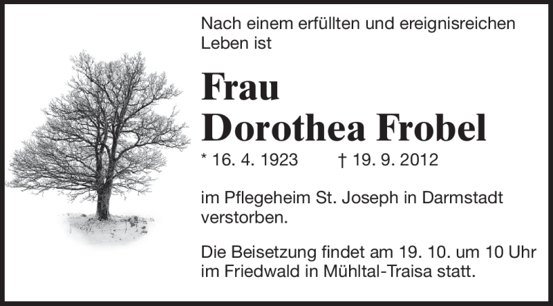  Traueranzeige für Dorothea Frobel vom 13.10.2012 aus Echo-Zeitungen (Gesamtausgabe)