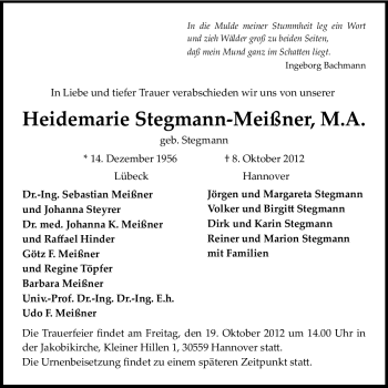 Traueranzeige von Heidemarie Stegmann-Meißner von Echo-Zeitungen (Gesamtausgabe)