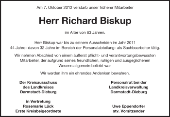 Traueranzeige von Richard Biskup von Echo-Zeitungen (Gesamtausgabe)