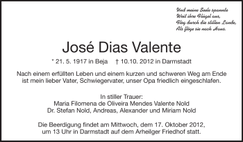 Traueranzeige von Josè  Dias Valente von Echo-Zeitungen (Gesamtausgabe)