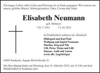Traueranzeige von Elisabeth Neumann von Rüsselsheimer Echo, Groß-Gerauer-Echo, Ried Echo