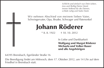 Traueranzeige von Johann Röderer von Echo-Zeitungen (Gesamtausgabe)