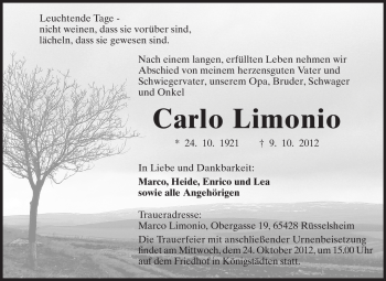 Traueranzeige von Carlo Limonio von Rüsselsheimer Echo, Groß-Gerauer-Echo, Ried Echo
