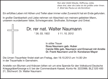 Traueranzeige von Walter Naumann von Echo-Zeitungen (Gesamtausgabe)