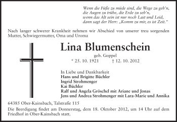 Traueranzeige von Lina Blumenschein von Odenwälder Echo