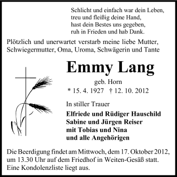 Traueranzeige von Emmy Lang von Odenwälder Echo