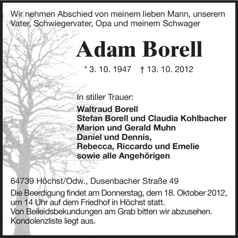  Traueranzeige für Adam Borell vom 16.10.2012 aus Odenwälder Echo