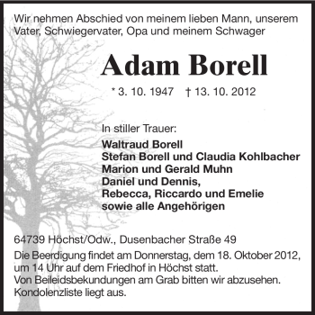 Traueranzeige von Adam Borell von Odenwälder Echo